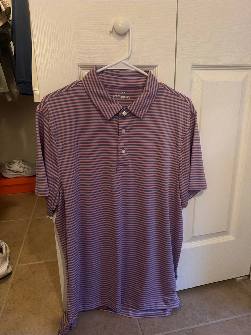 J-Crew Performance Men’s Striped Pink and Blue Polo Shirt